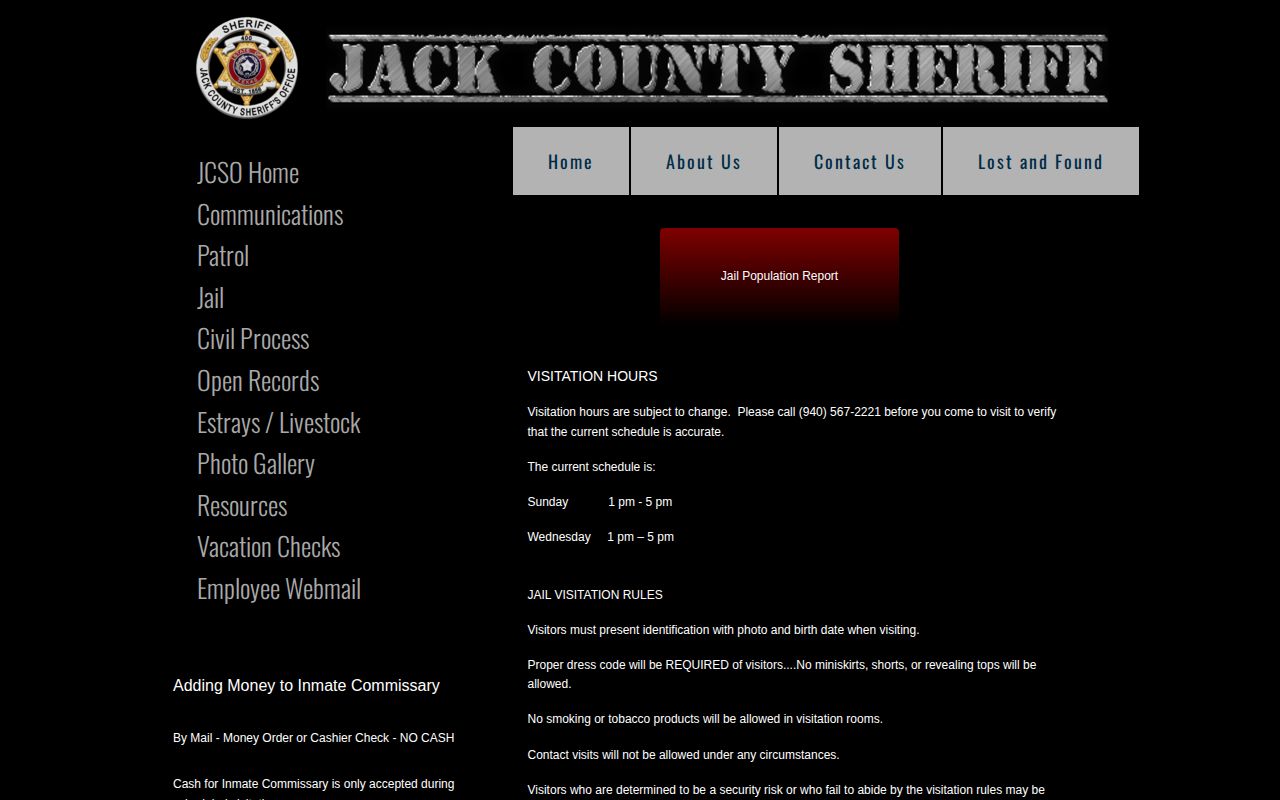 Jack County Law Enforcement Center release record and jail population page