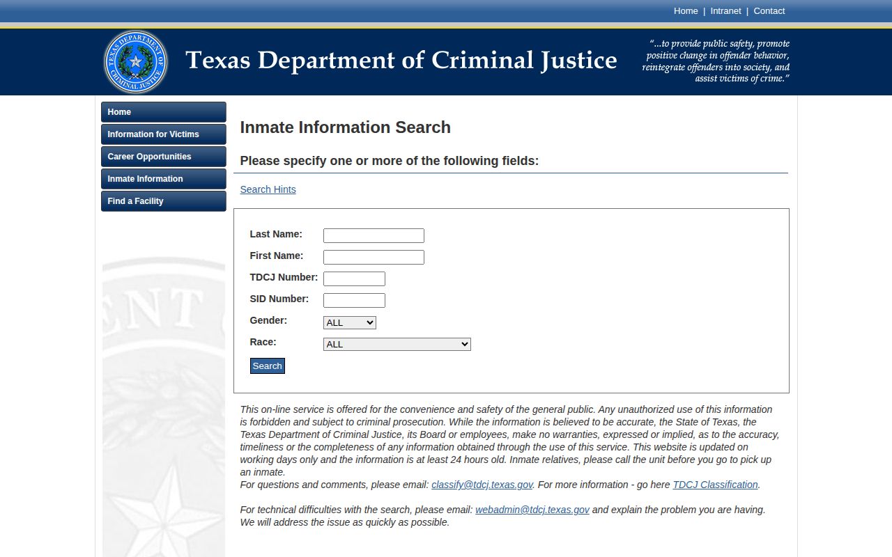 TDCJ inmate information search form for current state prisoners