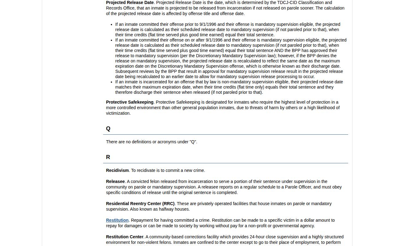 TDCJ definition of projected release and discharge date labels