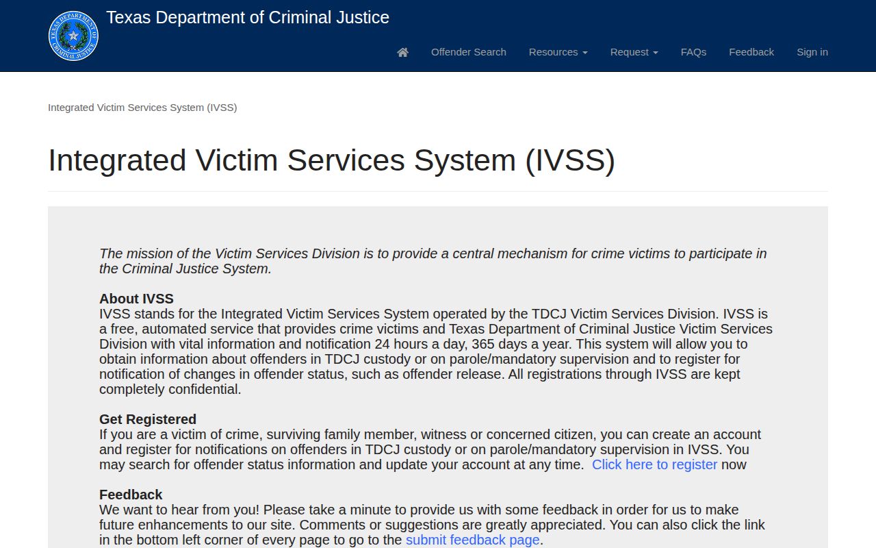 TDCJ IVSS portal used for state custody and parole notifications